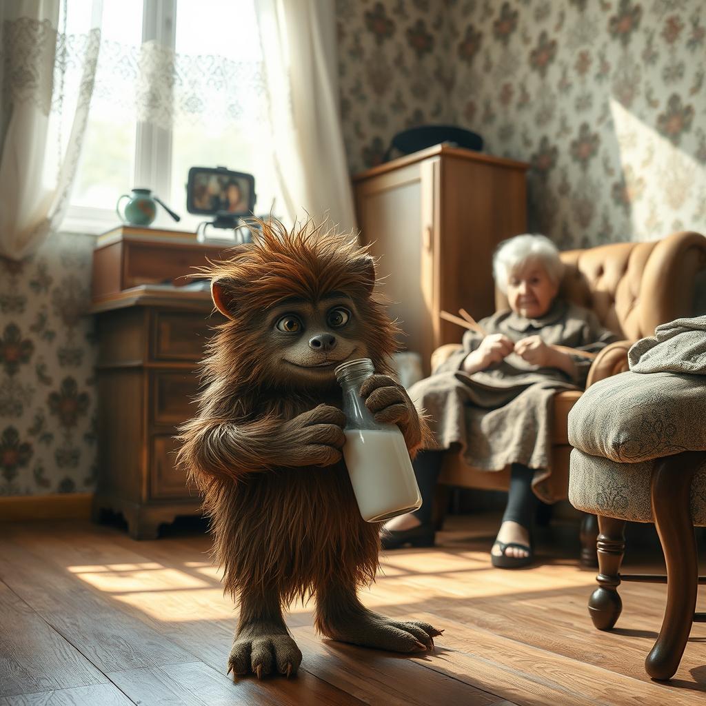 A shaggy young brownie, holding a bottle of coconut milk, in an old Soviet-style apartment