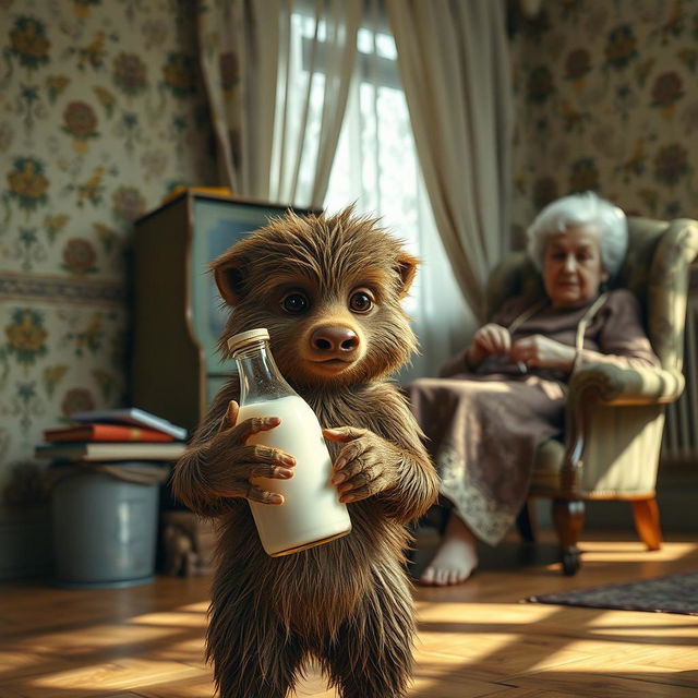 A shaggy young brownie, holding a bottle of coconut milk, in an old Soviet-style apartment