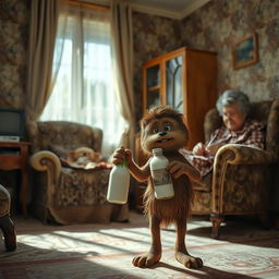 A shaggy young brownie, holding a bottle of coconut milk, in an old Soviet-style apartment