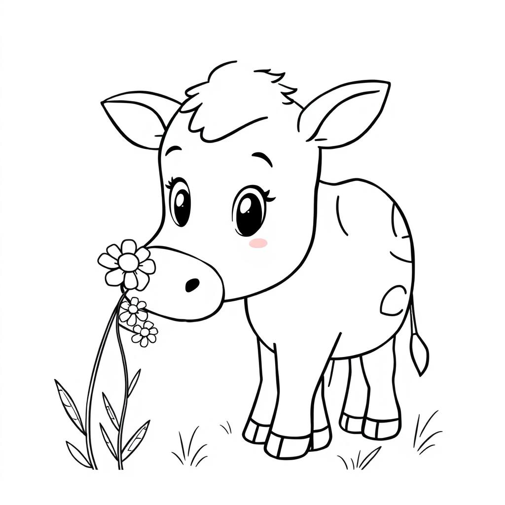 black and white line drawing of a cute cow sniffing flowers