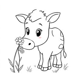 black and white line drawing of a cute cow sniffing flowers