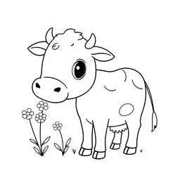 black and white line drawing of a cute cow sniffing flowers