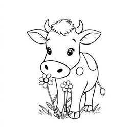 black and white line drawing of a cute cow sniffing flowers