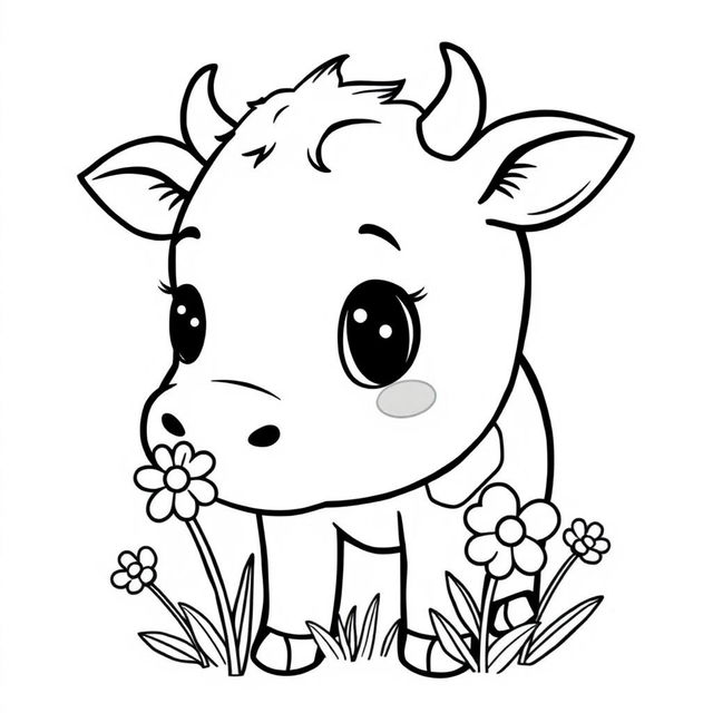 black and white line drawing of a cute cow sniffing flowers