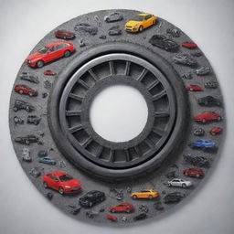 Create an image of various car parts arranged in an interesting and visually appealing way.