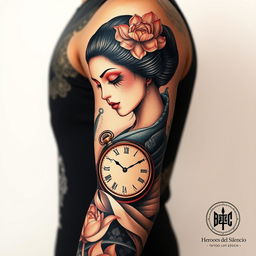 A detailed and realistic full-sleeve tattoo design for the left arm, featuring a graceful geisha, rendered with intricate detail, embodying elegance and poise