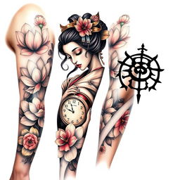 A detailed and realistic full-sleeve tattoo design for the left arm, featuring a graceful geisha, rendered with intricate detail, embodying elegance and poise