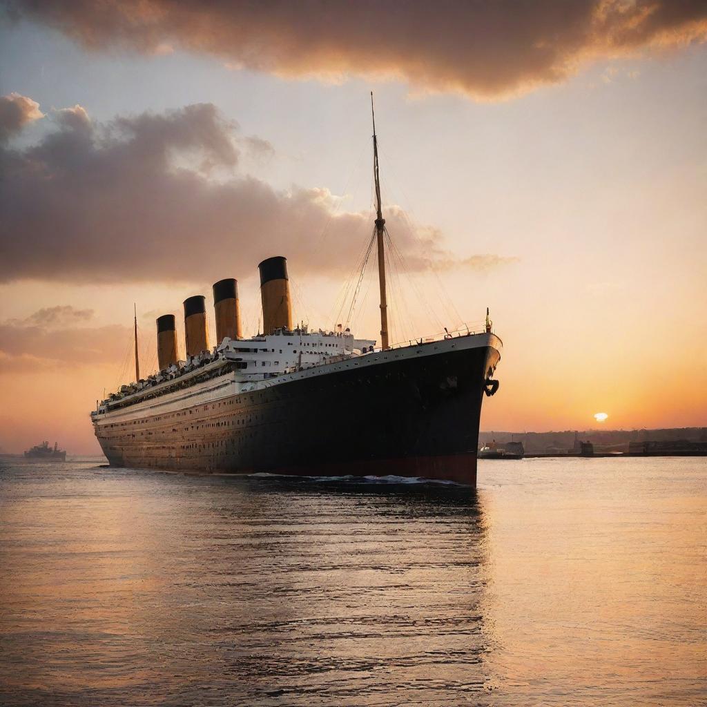 A majestic view of the Titanic, the historic ocean liner, sailing through calm waters under a beautiful sunset. The ship's grandeur and elegance are highlighted, with the golden light playing on its steel hull and tall funnels.