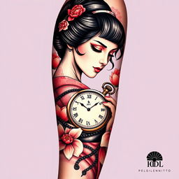 A detailed and realistic full-sleeve tattoo design for the left arm, featuring a graceful geisha, rendered with intricate detail, embodying elegance and poise