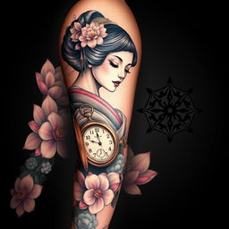 A detailed and realistic full-sleeve tattoo design for the left arm, featuring a graceful geisha, rendered with intricate detail, embodying elegance and poise