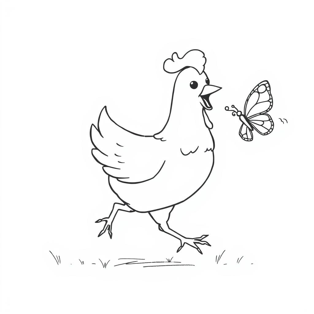 black and white line drawing of a playful chicken chasing a butterfly