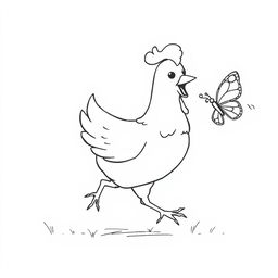 black and white line drawing of a playful chicken chasing a butterfly