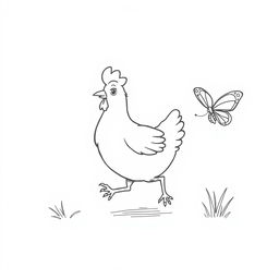 black and white line drawing of a playful chicken chasing a butterfly