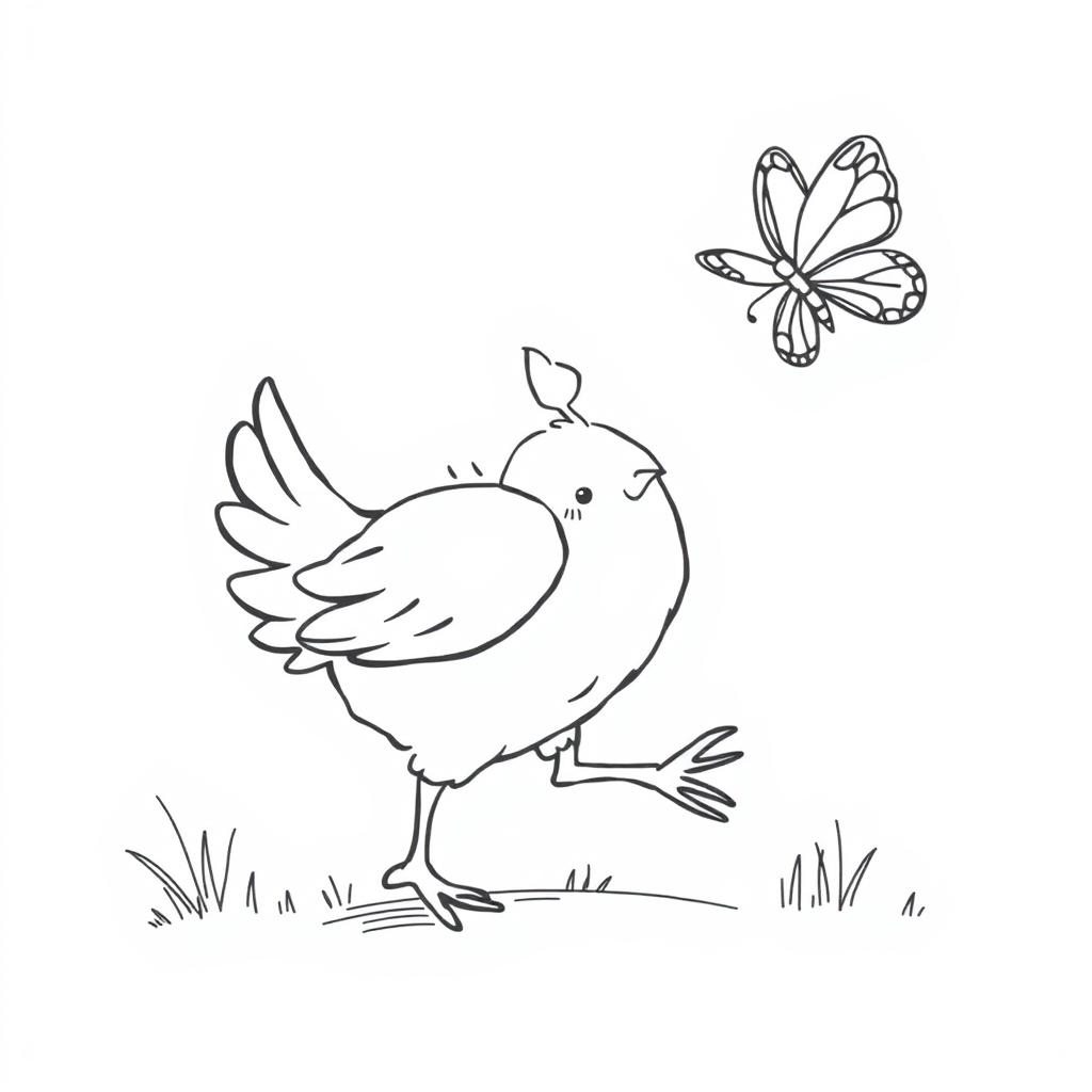 black and white line drawing of a playful chicken chasing a butterfly