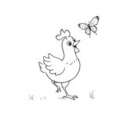 black and white line drawing of a playful chicken chasing a butterfly