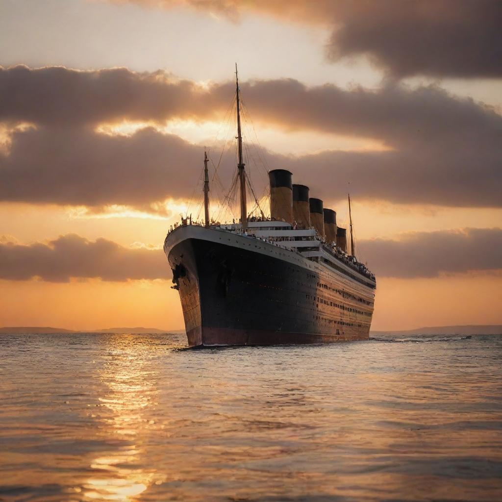 A majestic view of the Titanic, the historic ocean liner, sailing through calm waters under a beautiful sunset. The ship's grandeur and elegance are highlighted, with the golden light playing on its steel hull and tall funnels.