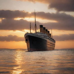 A majestic view of the Titanic, the historic ocean liner, sailing through calm waters under a beautiful sunset. The ship's grandeur and elegance are highlighted, with the golden light playing on its steel hull and tall funnels.