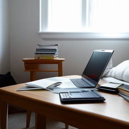 A cozy, well-lit study room with a laptop, textbooks, and study materials strewn across a table. A comfortable chair and neatly made bed add to the homely atmosphere.