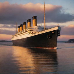 A majestic view of the Titanic, the historic ocean liner, sailing through calm waters under a beautiful sunset. The ship's grandeur and elegance are highlighted, with the golden light playing on its steel hull and tall funnels.