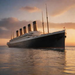 A majestic view of the Titanic, the historic ocean liner, sailing through calm waters under a beautiful sunset. The ship's grandeur and elegance are highlighted, with the golden light playing on its steel hull and tall funnels.