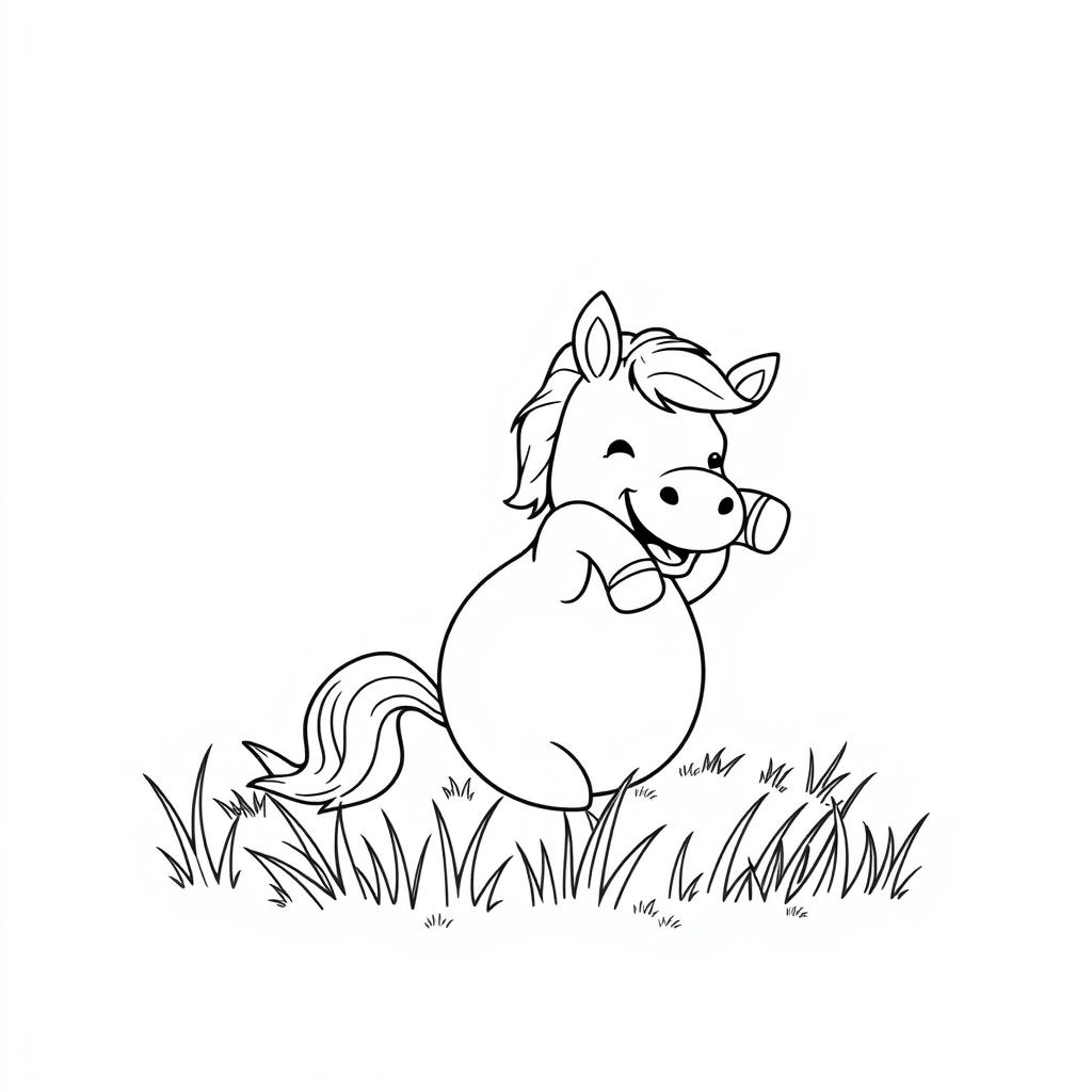 black and white line drawing of a cute horse joyfully rolling in the grass