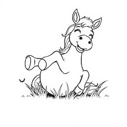 black and white line drawing of a cute horse joyfully rolling in the grass