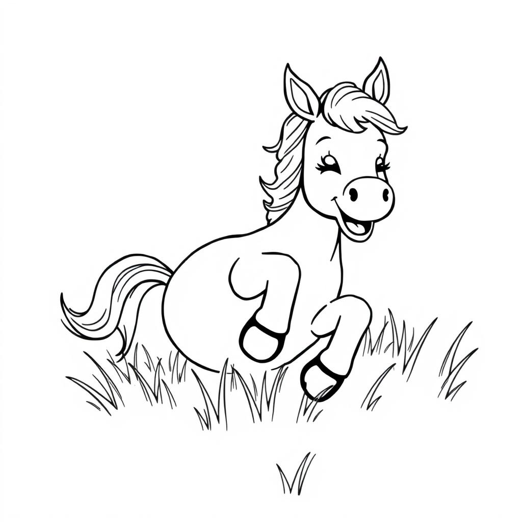 black and white line drawing of a cute horse joyfully rolling in the grass