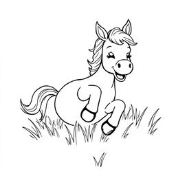 black and white line drawing of a cute horse joyfully rolling in the grass