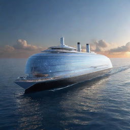 Behold a futuristic version of the Titanic, featuring sleek lines, a shimmering holographic hull, and high-tech features such as transparent observation decks and solar-panel-laden sails, gliding smoothly through an alien sea under a sky filled with multiple moons.