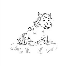 black and white line drawing of a cute horse joyfully rolling in the grass