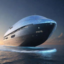 Behold a futuristic version of the Titanic, featuring sleek lines, a shimmering holographic hull, and high-tech features such as transparent observation decks and solar-panel-laden sails, gliding smoothly through an alien sea under a sky filled with multiple moons.