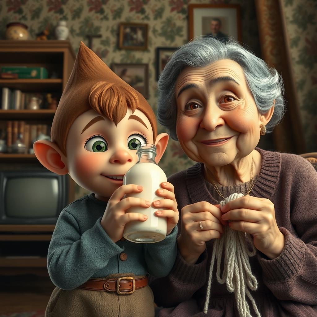 A movie poster featuring a young brownie character holding a bottle of coconut milk, set in a nostalgic old Soviet apartment