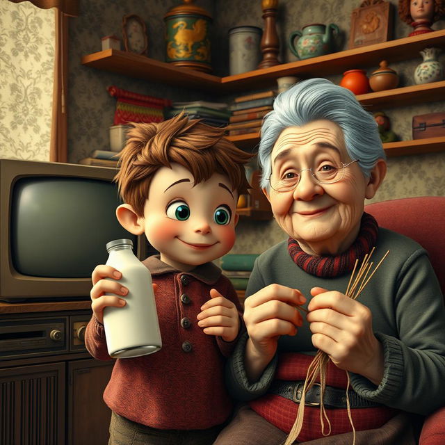 A movie poster featuring a young brownie character holding a bottle of coconut milk, set in a nostalgic old Soviet apartment