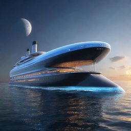 Behold a futuristic version of the Titanic, featuring sleek lines, a shimmering holographic hull, and high-tech features such as transparent observation decks and solar-panel-laden sails, gliding smoothly through an alien sea under a sky filled with multiple moons.