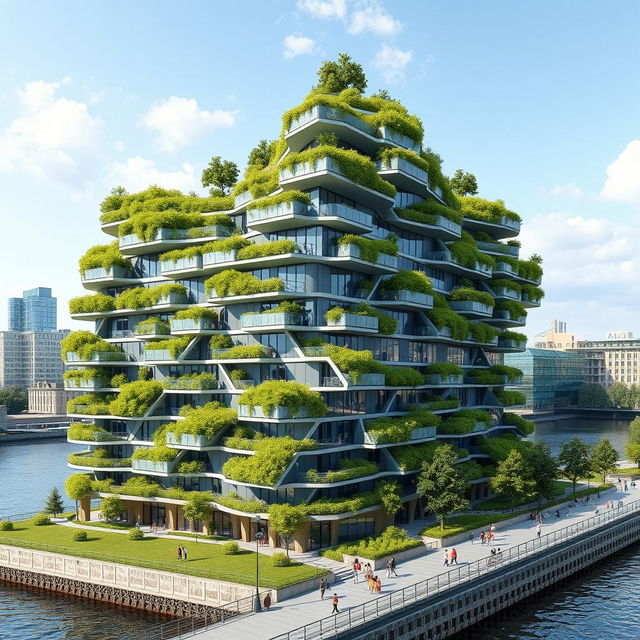 A bionic and futuristic building with a modern design, featuring numerous balconies adorned with grass and trees, contributing to a green and eco-friendly aesthetic