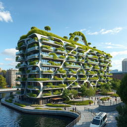 A bionic and futuristic building with a modern design, featuring numerous balconies adorned with grass and trees, contributing to a green and eco-friendly aesthetic