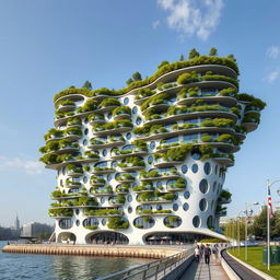 A bionic and futuristic building with a modern design, featuring numerous balconies adorned with grass and trees, contributing to a green and eco-friendly aesthetic