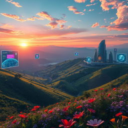 A breathtaking landscape filled with vibrant colors, blending elements of nature and technology, with a harmonious mix of scenic beauty and advanced futuristic elements like floating screens and interactive holographs