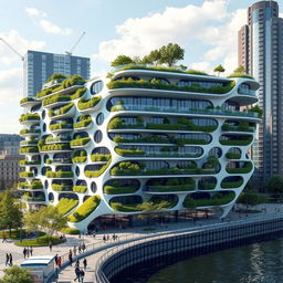 A bionic and futuristic building with a modern design, featuring numerous balconies adorned with grass and trees, contributing to a green and eco-friendly aesthetic