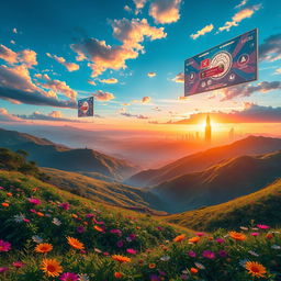 A breathtaking landscape filled with vibrant colors, blending elements of nature and technology, with a harmonious mix of scenic beauty and advanced futuristic elements like floating screens and interactive holographs