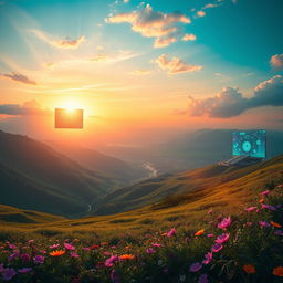 A breathtaking landscape filled with vibrant colors, blending elements of nature and technology, with a harmonious mix of scenic beauty and advanced futuristic elements like floating screens and interactive holographs