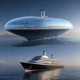 Behold a futuristic version of the Titanic, featuring sleek lines, a shimmering holographic hull, and high-tech features such as transparent observation decks and solar-panel-laden sails, gliding smoothly through an alien sea under a sky filled with multiple moons.