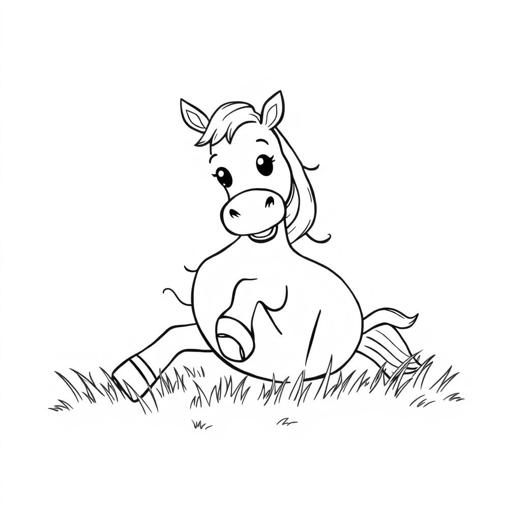 black and white line drawing of a cute horse rolling in the grass happily