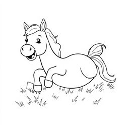 black and white line drawing of a cute horse rolling in the grass happily