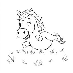 black and white line drawing of a cute horse rolling in the grass happily