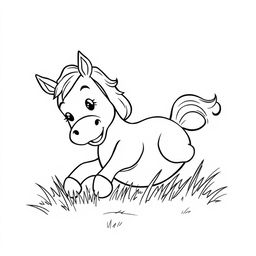 black and white line drawing of a cute horse rolling in the grass happily