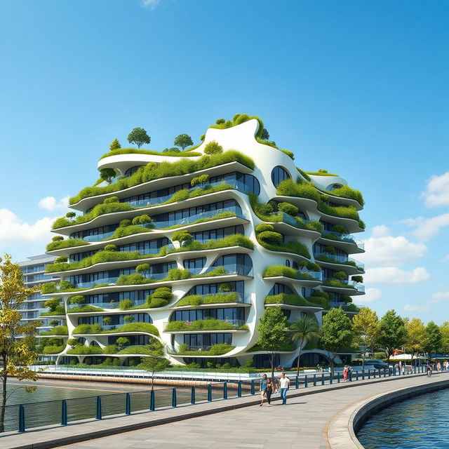 A bionic and futuristic building with a modern design, featuring numerous balconies adorned with grass and trees, adding an eco-friendly and organic appearance