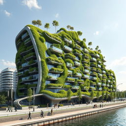 A bionic and futuristic building with a modern design, featuring numerous balconies adorned with grass and trees, adding an eco-friendly and organic appearance