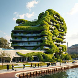 A bionic and futuristic building with a modern design, featuring numerous balconies adorned with grass and trees, adding an eco-friendly and organic appearance