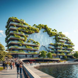 A bionic and futuristic building with a modern design, featuring numerous balconies adorned with grass and trees, adding an eco-friendly and organic appearance